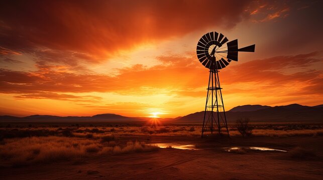 Windmill silhouette in the Karoo at sunset