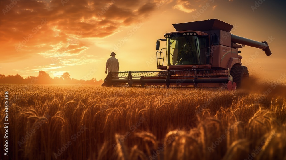 Poster Using a combine harvester to gather wheat in a field during a summer sunset and transferring it to a tractor. silhouette concept