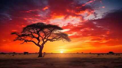 Sunset on African plains with acacia tree Kalahari desert South Africa. silhouette concept