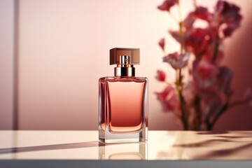 Transparent bottle of essence perfume on pink background with sunlight and spring flowers. Trending concept of women's essence for branding mockup. Minimal style perfumery template