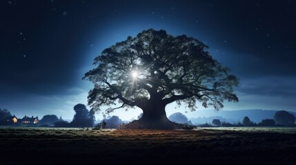Fototapeta na wymiar Ancient oak tree in the town. silhouette concept