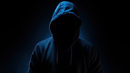 Unrecognizable figure in dark blue hoodie concealed face arms crossed solitary in darkness. silhouette concept