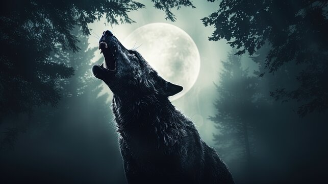 Wolf howling at full moon in eerie fog Halloween horror theme. silhouette concept