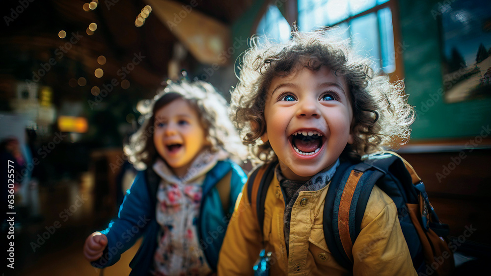 Wall mural Excitement of two Caucasian children on their first day of school