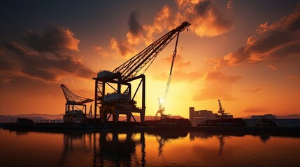 Obraz premium Industrial dock crane unloading during sunset creating a silhouette