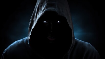 A frightening figure wearing a hood with sinister eyes and an empty face looking towards the camera. silhouette concept
