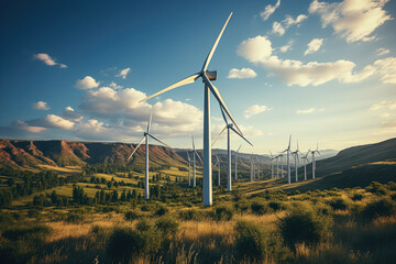 Renewable energy background showcasing wind turbines and solar panels, symbolizing green energy sources. Generative Ai.