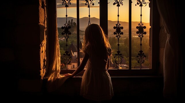 Hungarian castle s window opening with girl in Mukachevo. silhouette concept
