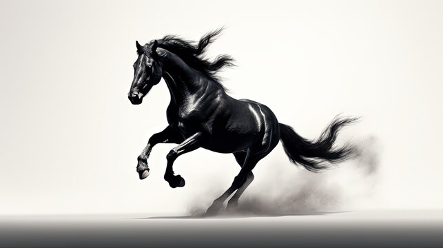 Fast galloping black and white horse casting shadow while art minimalist. silhouette concept