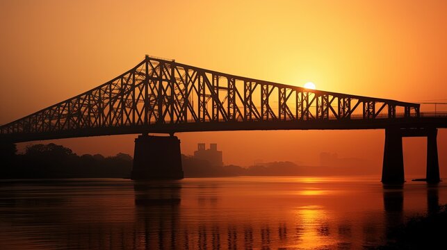 Sunrise silhouette of Howrah Bridge a suspended span over the Hooghly River in West Bengal - Powered by Adobe