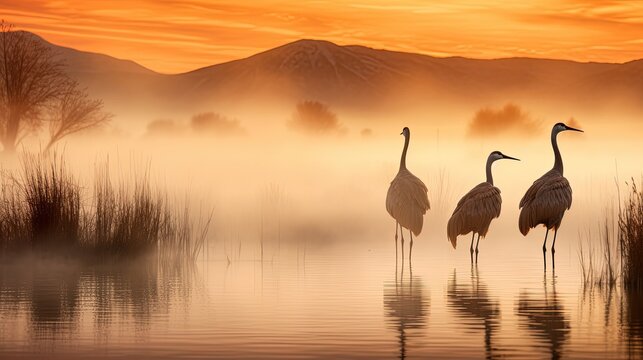 Cranes in mist Bosque del Apache NM. silhouette concept