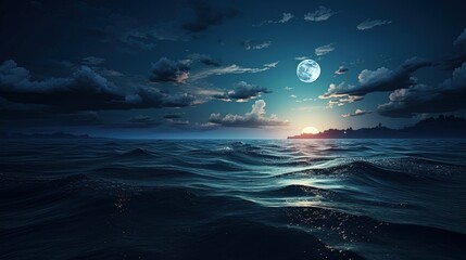 Full moon shining over the ocean landscape. silhouette concept
