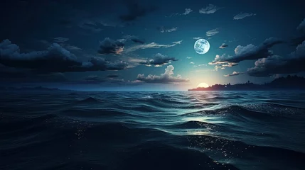 Fotobehang Full moon shining over the ocean landscape. silhouette concept © HN Works