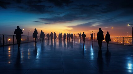 Twilight walkway with blurred silhouettes of walking people