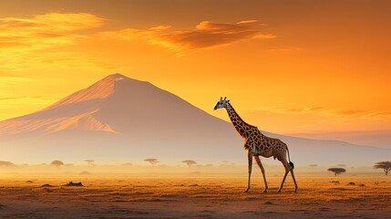 Giraffe silhouette in vibrant African landscape near Kilimanjaro volcano Amboseli national park Kenya Wildlife photography in Kenya African morning atmosphere - obrazy, fototapety, plakaty