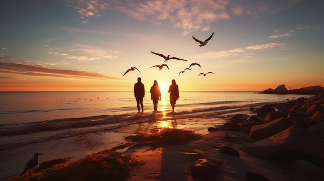 People on the Baltic seashore watching seagulls at sunset. silhouette concept