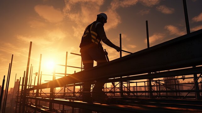 A Construction Worker Focused On Safety And Heavy Industry Projects On Site. Silhouette Concept