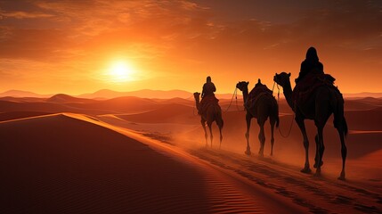 camel tours in Sahara desert guided by a berber with camel shadows. silhouette concept