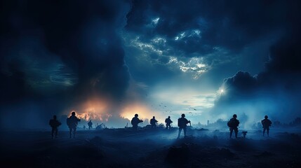 Naklejka na ściany i meble Silhouetted soldiers in a foggy sky below a cloudy skyline at night engaged in battle Armored vehicles included
