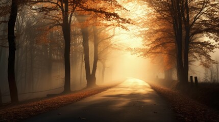 Naklejka na ściany i meble Foggy road surrounded by autumn trees. silhouette concept