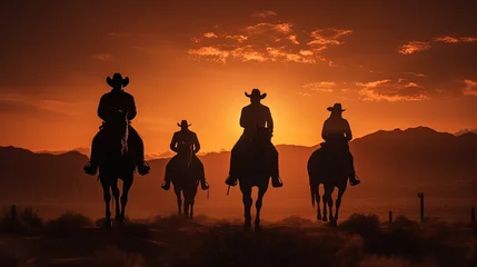 Foto op Plexiglas Cowboy idea illustrated with silhouettes of cowboys at sunset on a hill with horses Focused composition © HN Works