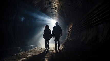Silhouetted couple walking through railway tunnel towards bright light at the other end holding...