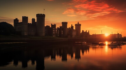Fototapeta na wymiar Sunset view of Caernarfon Castle in North Wales. silhouette concept