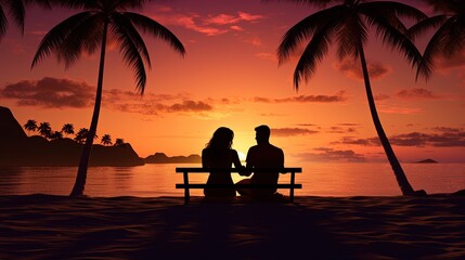 Romantic couple on a beach under palm trees during sunset. silhouette concept