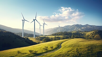 Clean and renewable energy production with wind turbines on a scenic summer mountain landscape. silhouette concept