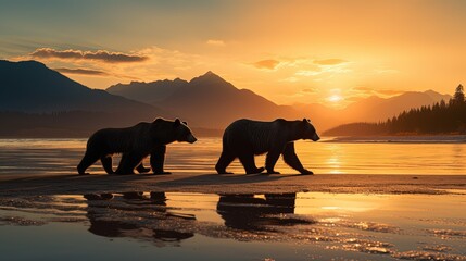 Fototapeta na wymiar Grizzly bear family seeks salmon breakfast by the beach in Katmai National Park Alaska. silhouette concept