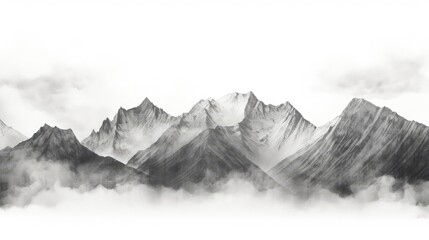 Black and white hand drawn pencil sketch of a mountain landscape with rocky peaks in a graphic...