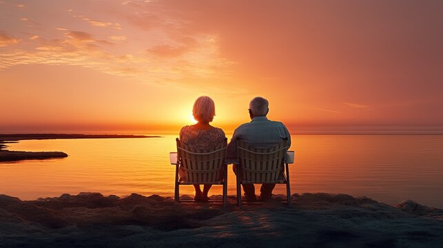 Elderly couple enjoying sunset by the sea. silhouette concept