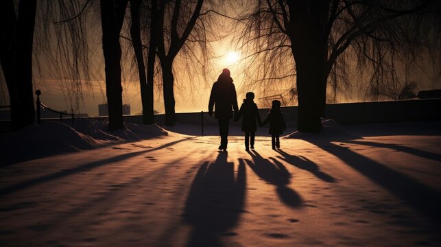 Winter brings a shadow to the family. silhouette concept
