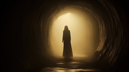 A vintage sepia grunge edited image shows a ghostly woman in a dress in a foggy tunnel at night. silhouette concept - Powered by Adobe