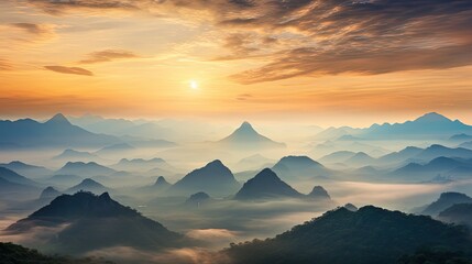 Sunrise seen from behind mountains above the Sea of Mist in Chiang Khan Thailand. silhouette concept
