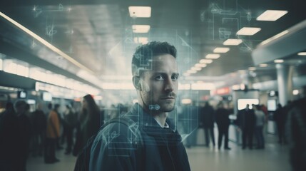 Photo of man walking through a train station with his face being scanned by facial recognition technology