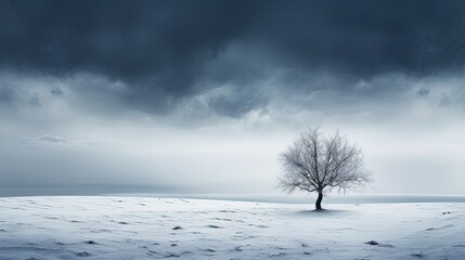 Partly cloudy field with snow laden trees. silhouette concept
