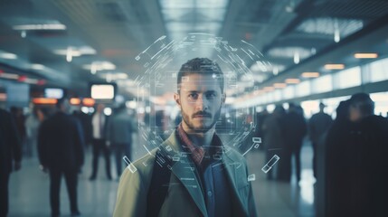 Photo of man walking through an airport with his face being scanned by facial recognition technology