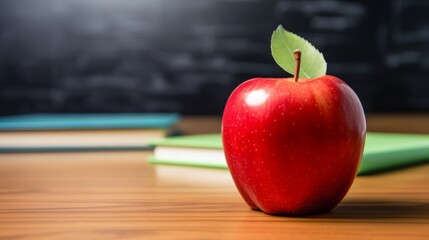 Photo of a ripe red apple sitting on a teacher's desk in a classroom in front of a chalkboard