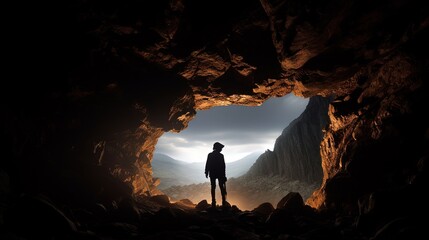 Fototapeta premium cave explorer s shadow. silhouette concept