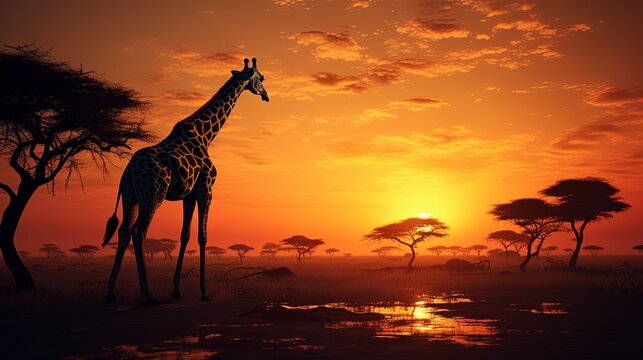 Peaceful African sunset with giraffes. silhouette concept