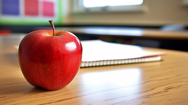 Photo of a ripe red apple sitting on a teacher's desk in a classroom in front of a chalkboard