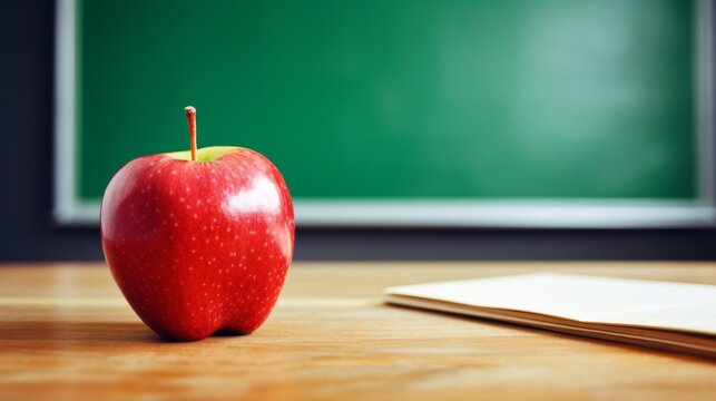 Photo of a ripe red apple sitting on a teacher's desk in a classroom in front of a chalkboard