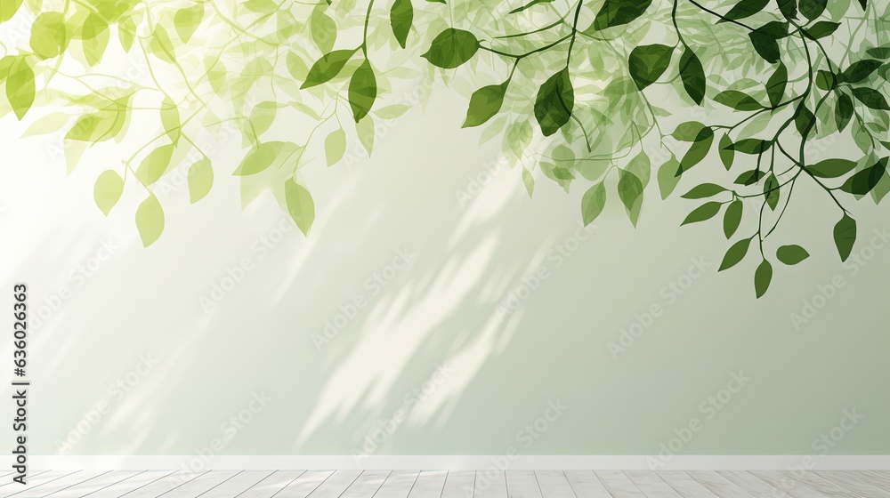 Poster green shadow created by falling tree branch on white wall texture serving as a background and wallpa