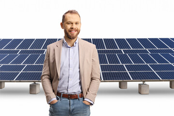 Professional man standing at a solar farm