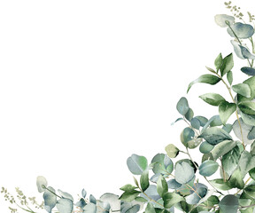 Watercolor eucalyptus illustration. Corner border. Greenery frame. Floral arrangement PNG