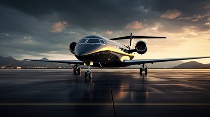 Luxury private jet parked on tarmac with ample space above. silhouette concept