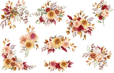 Autumn floral illustration clipart. Bouquet with dahlia, rose and fall leaves. Blush and burgundy, terracotta flowers arrangement PNG