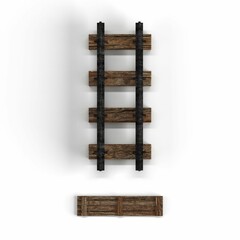 3D rendering of an aged wooden rail track isolated on a white background