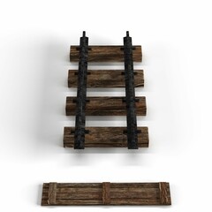 3D rendering of an aged wooden rail track isolated on a white background